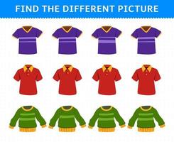 Education game for children find the different picture in each row cartoon wearable clothes jersey polo shirt sweater vector