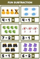 Education game for children fun subtraction by counting and eliminating cartoon wearable clothes raincoat masker gloves umbrella pant boot printable worksheet vector