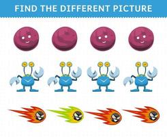 Education game for children find the different picture in each row cute cartoon solar system planet alien comet vector