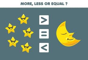 Education game for children more less or equal count the amount of cute cartoon solar system star and moon vector