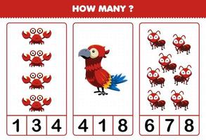 Education game for children counting how many cute cartoon red animal crab parrot ant