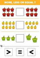 Education game for children more less or equal count the amount of cartoon vegetables paprika then cut and glue cut the correct sign vector