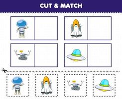 Education game for children cut and match the same picture of cute cartoon solar system astronaut spaceship robot ufo vector