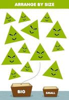 juego educativo para niños ordenar por tamaño grande o pequeño ponerlo en la caja dibujos animados lindos formas geométricas imágenes triangulares vector