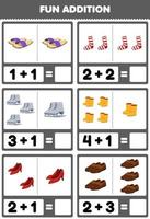 Education game for children fun addition by counting and sum cartoon wearable clothes slipper socks ice skater boot heel shoes pictures worksheet vector