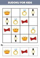 Education game for children sudoku for kids with cartoon wearable clothes ribbon crown ring watch picture vector