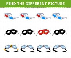 Education game for children find the different picture in each row cartoon wearable clothes glasses mask goggles vector