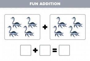 Education game for children fun addition by counting cute cartoon prehistoric dinosaur plesiosaur pictures worksheet vector