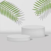 Illustration with a background podium. A stand for a cosmetic product. Empty scene with palm leaves. Vector illustration