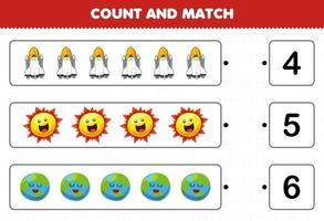 juego educativo para niños contar y combinar contar el número de lindos dibujos animados sistema solar nave espacial sol tierra planeta y combinar con los números correctos hoja de trabajo imprimible