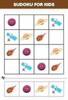 juego educativo para niños sudoku para niños con dibujos animados lindo sistema solar planeta saturno satélite cometa imagen vector