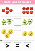 Education game for children more less or equal count the amount of cute cartoon solar system mars venus planet alien then cut and glue cut the correct sign vector