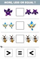 juego educativo para niños más menos o igual cuente la cantidad de lindos dibujos animados animal volador murciélago pájaro abeja luego corte y pegue el signo correcto