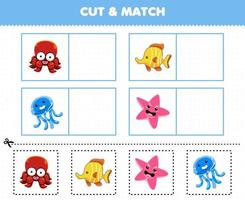 Education game for children cut and match the same picture of cute cartoon underwater animal octopus fish jellyfish starfish printable worksheet vector