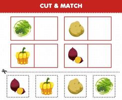 Education game for children cut and match the same picture of cartoon vegetables cabbage potato paprika yam printable worksheet vector