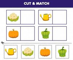 Education game for children cut and match the same picture of cartoon vegetables cauliflower watering can pumpkin paprika printable worksheet vector