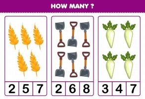 Education game for children counting how many cartoon vegetables wheat shovel daikon turnip vector