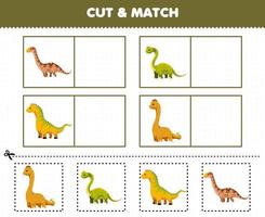 juego educativo para niños corta y combina la misma imagen de un lindo dinosaurio prehistórico de cuello largo de dibujos animados