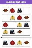 juego educativo para niños sudoku para niños con dibujos animados ropa portátil chaqueta franela esmoquin traje cardigan imagen vector