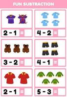 Education game for children fun subtraction by counting and eliminating cartoon wearable clothes jersey vest pant polo shirt sweater printable worksheet