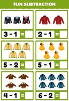 Education game for children fun subtraction by counting and eliminating cartoon wearable clothes tuxedo suit flannel cardigan raincoat jacket blazer printable worksheet vector