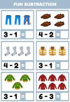 Education game for children fun subtraction by counting and eliminating cartoon wearable clothes jean shoes socks emergency vest sweater flannel printable worksheet vector