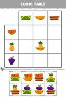 juego educativo para niños tabla lógica dibujos animados fruta sandía piña uva combinar con la cesta correcta hoja de trabajo imprimible vector