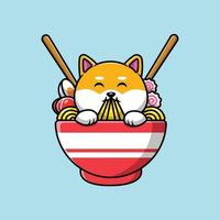 Cute Shiba Inu Dog Eating Ramen Noodle Cartoon Vector Icon Illustration. Animal Food Flat Cartoon Concept