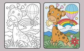 coloring book of giraffe and hot air balloon or educational page for children and elementary school, vector illustration.