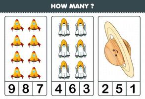 juego educativo para niños contando cuántos lindos dibujos animados sistema solar cohete nave espacial saturno planeta