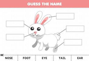 Education game for children guess the name of cute cartoon rabbit body part worksheet vector