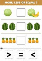 Education game for children more less or equal count the amount of cartoon fruits melon watermelon pineapple then cut and glue cut the correct sign vector