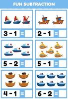 Education game for children fun subtraction by counting and eliminating cartoon water transportation pictures vector