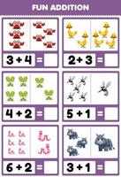 Education game for children fun addition by counting and sum cute cartoon animal crab duck frog mosquito worm rhino pictures worksheet vector