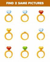 juego educativo para niños encontrar dos imágenes iguales dibujos animados ropa usable anillo de diamantes vector