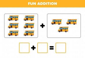 Education game for children fun addition by counting cartoon transportation bus pictures worksheet vector