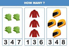 Education game for children counting how many cartoon wearable clothes gloves flannel helm vector