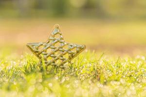 Golden Christmas Star in morning dew. Closeup Gold Star on the lawn with water drop in the morning day photo