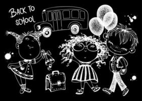 Cute kids schoolchildren with balloons and briefcase go to school. Back to school. School bus.Drawing with chalk on a blackboard. Vector