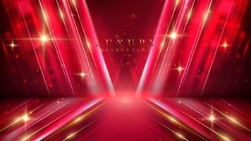 Red luxury background with golden line decoration and light rays effects element with bokeh. vector