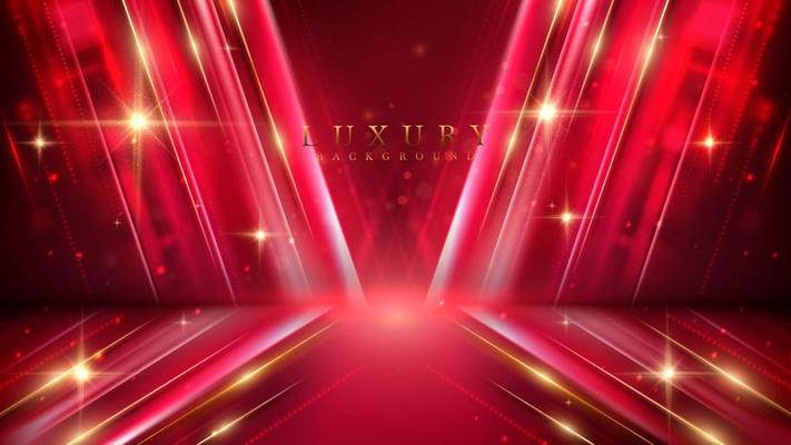 Red luxury background with golden line decoration and light rays effects element with bokeh.
