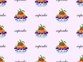 Cupcake cartoon character seamless pattern on purple background. Pixel style vector