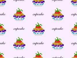 Cupcake cartoon character seamless pattern on purple background. Pixel style vector