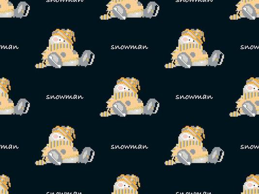 Snow man cartoon character seamless pattern on black background.  Pixel style