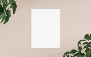 Clean and minimalist front view vertical white photo or poster frame mockup hanging on the wall with blurry plant. 3d rendering.