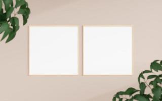 Clean and minimalist front view square wooden photo or poster frame mockup hanging on the wall with blurry plant. 3d rendering.