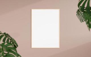 Clean and minimalist front view vertical wooden photo or poster frame mockup hanging on the wall with blurry plant. 3d rendering.