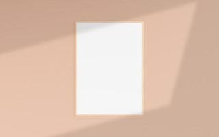 Clean and minimalist front view vertical wooden photo or poster frame mockup hanging on the wall with shadow overlay. 3d rendering.