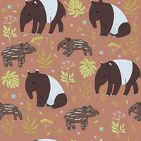 Seamless pattern with tapirs and flowers. Vector graphics.