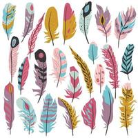 Set of feathers in boho style isolated on white background. Vector graphics.